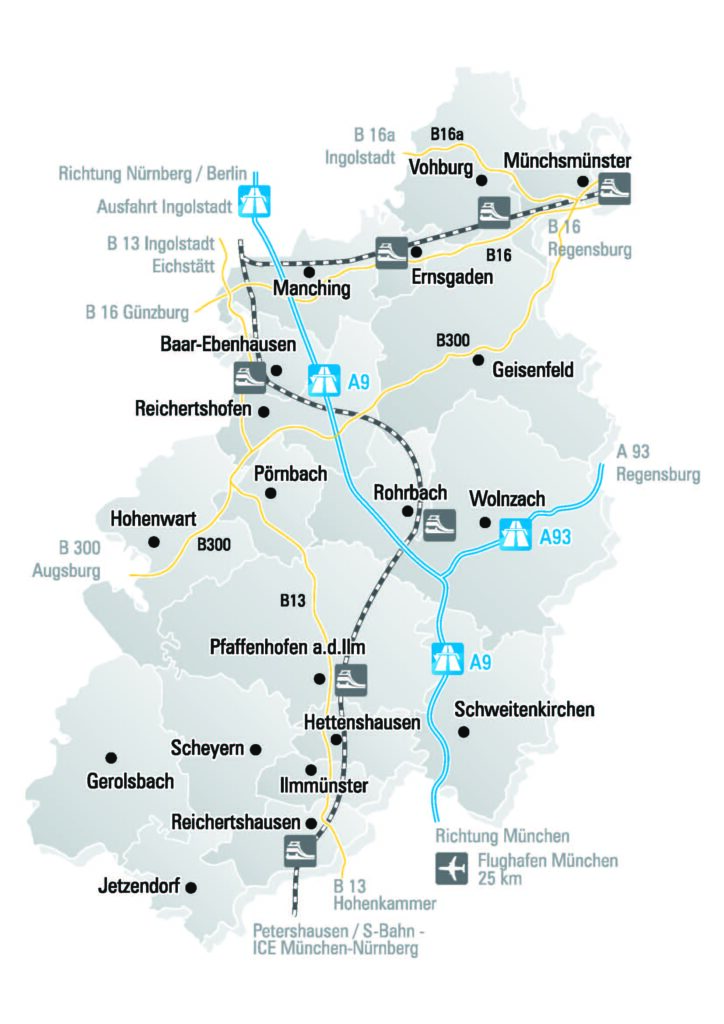 Landkreiskarte mit Hauptverkehrsverbindungen